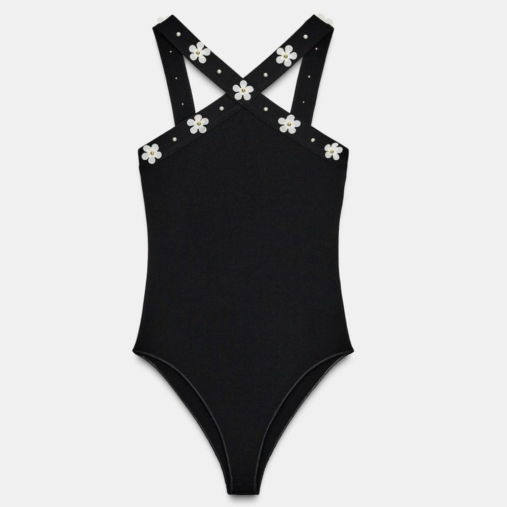 ZARA Black Floral Appliqué Bodysuit M NWT